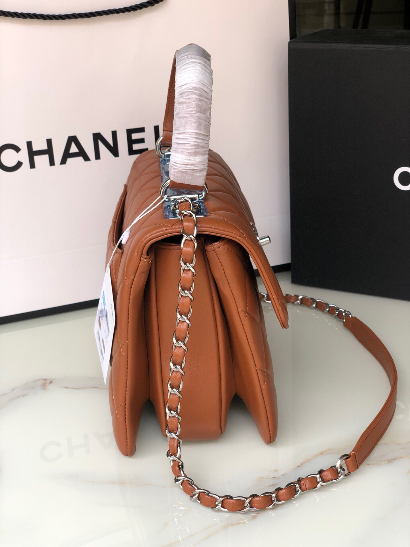 Ch**el FLAP BAG WITH TOP HANDLE 6.6 × 9.8 × 4.7 in