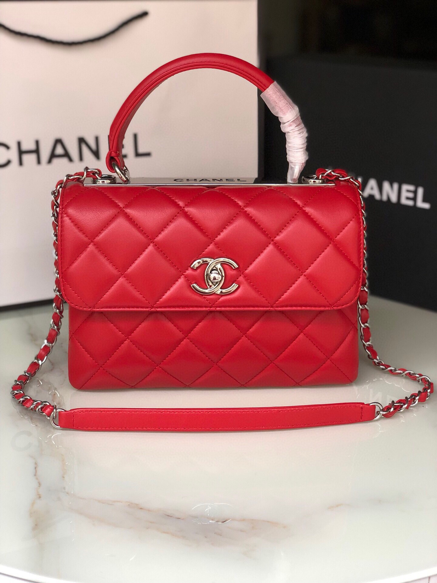 Ch**el FLAP BAG WITH TOP HANDLE 6.6 × 9.8 × 4.7 in