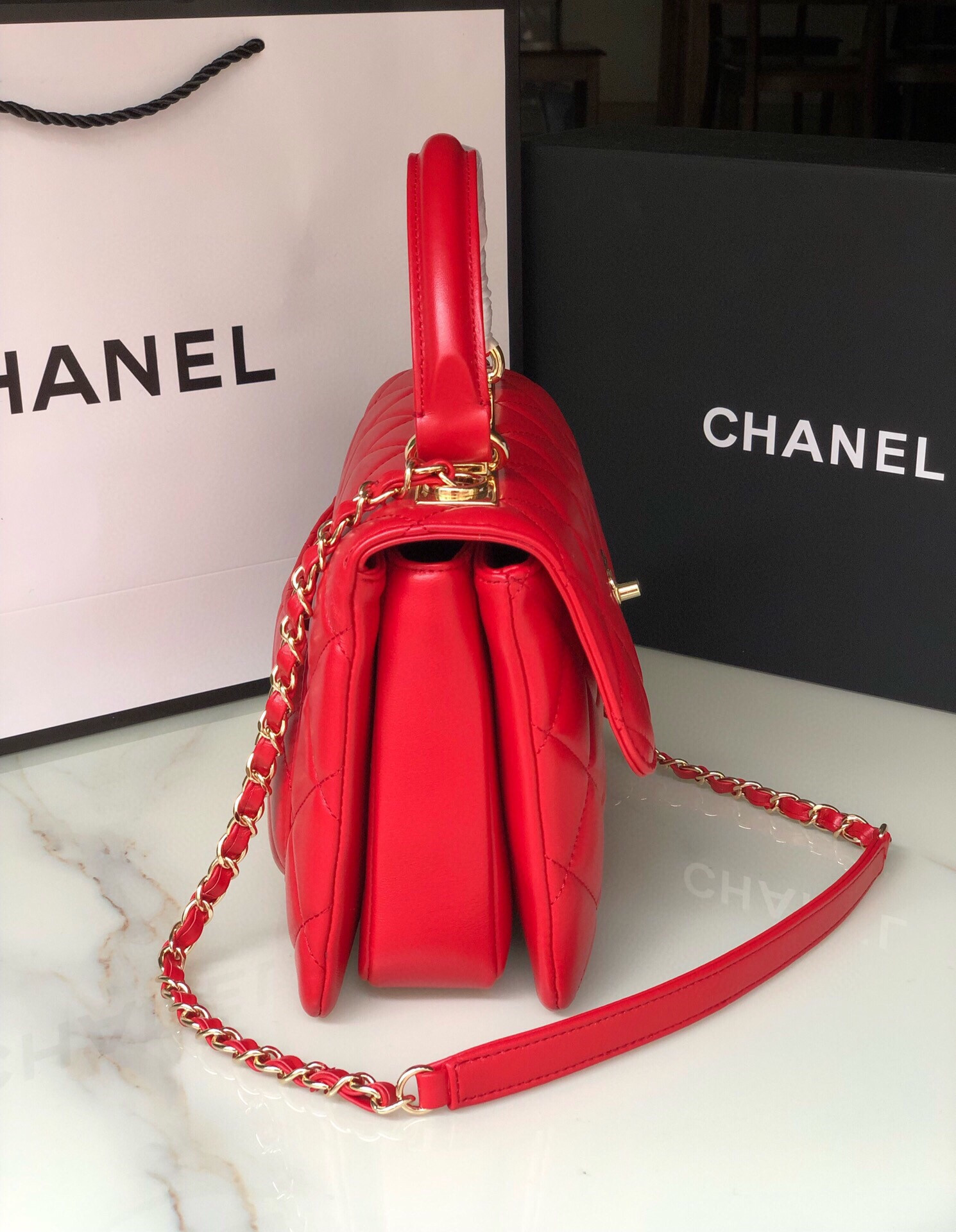 Ch**el FLAP BAG WITH TOP HANDLE 6.6 × 9.8 × 4.7 in