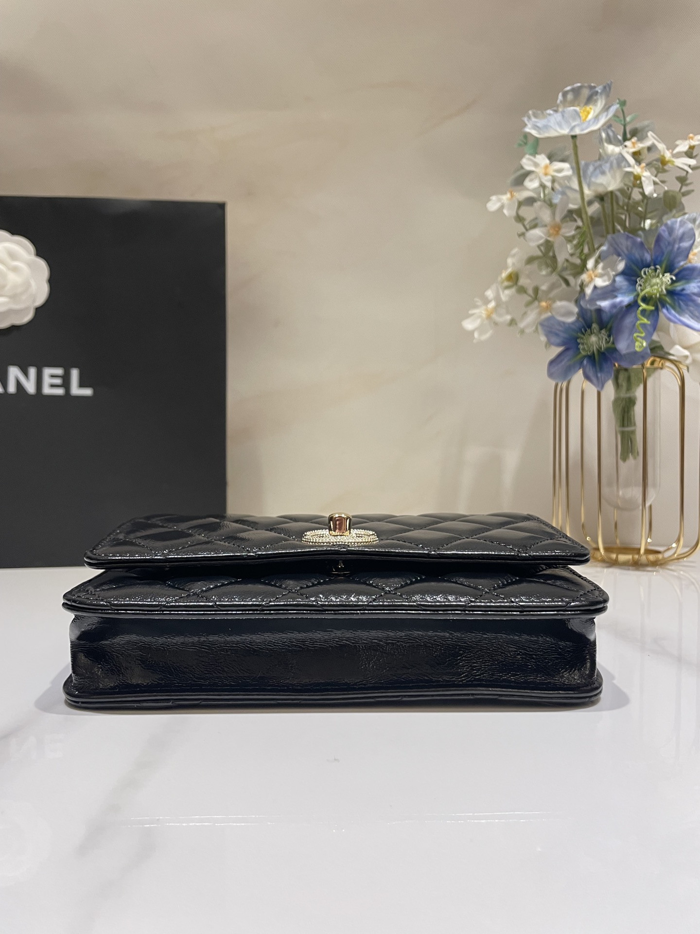 Ch**el CLASSIC WALLET ON CHAIN Rhinestone Handle BLACK 4.8 × 7.5 × 1.4