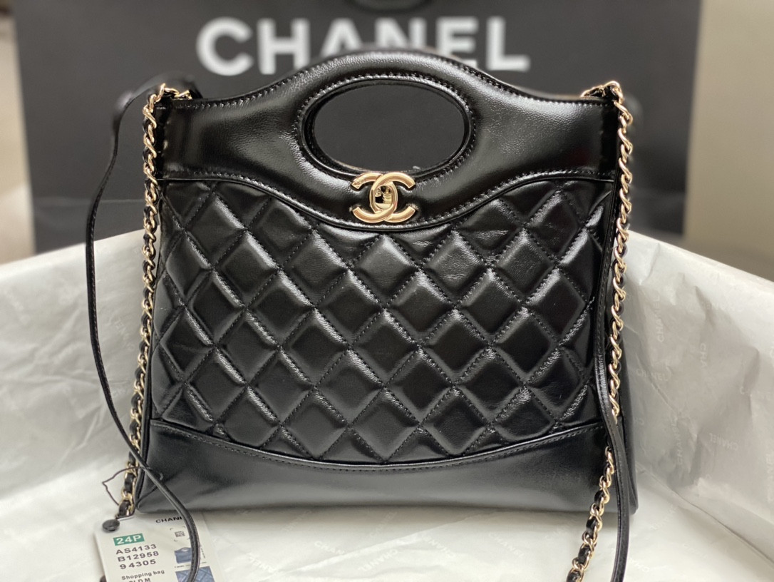 Ch**el MINI SHOPPING BAG Shiny Lambskin & Gold-Tone Metal Black 22x23x5.5cm