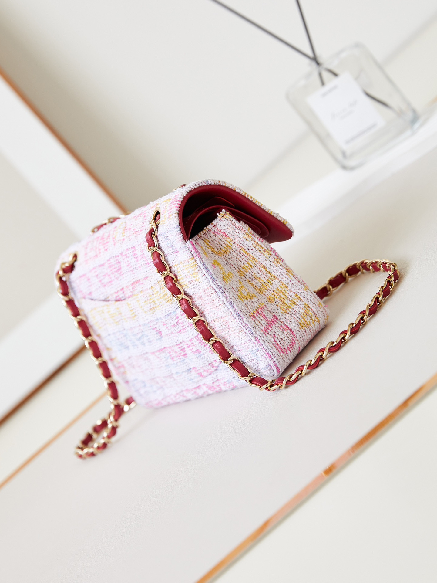Ch**el Quilted Pink Multicolor Tweed Rectangular Flap Bag 14.5 × 23 × 6 cm