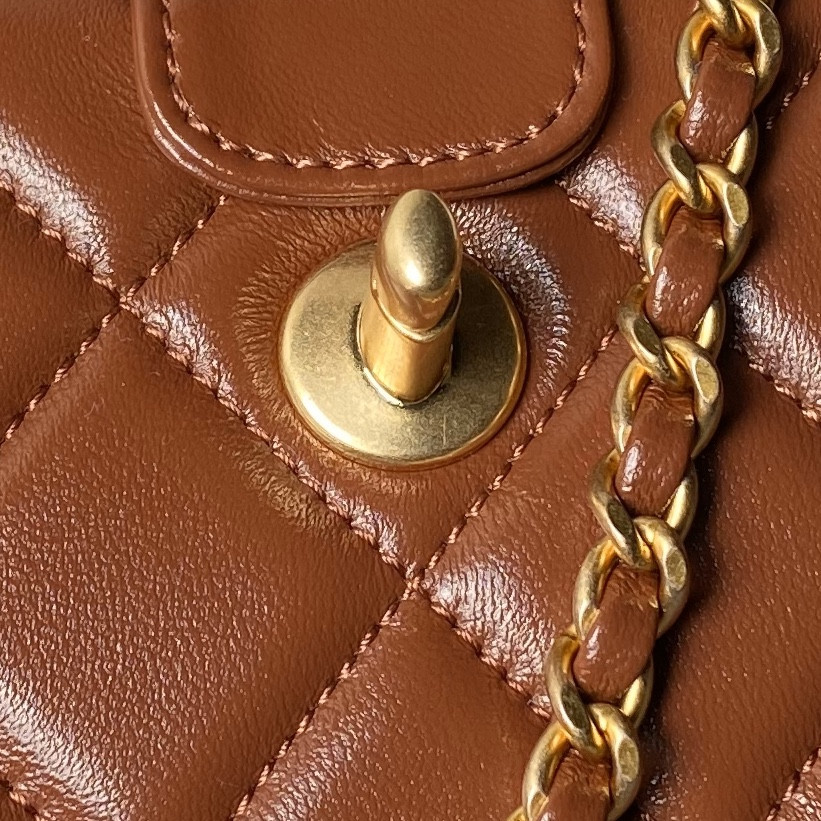 Ch**el MINI BAG WITH TOP HANDLE  Shiny Lambskin & Gold-Tone Metal Brown 12 × 18 × 7 cm
