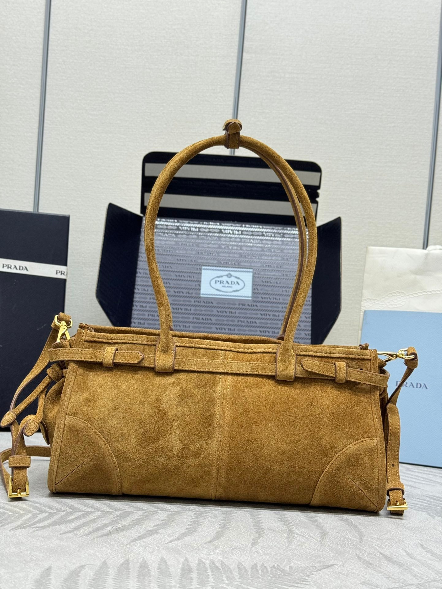 Pra*a Bonnie Medium Suede Handbag 32x15.5x12cm