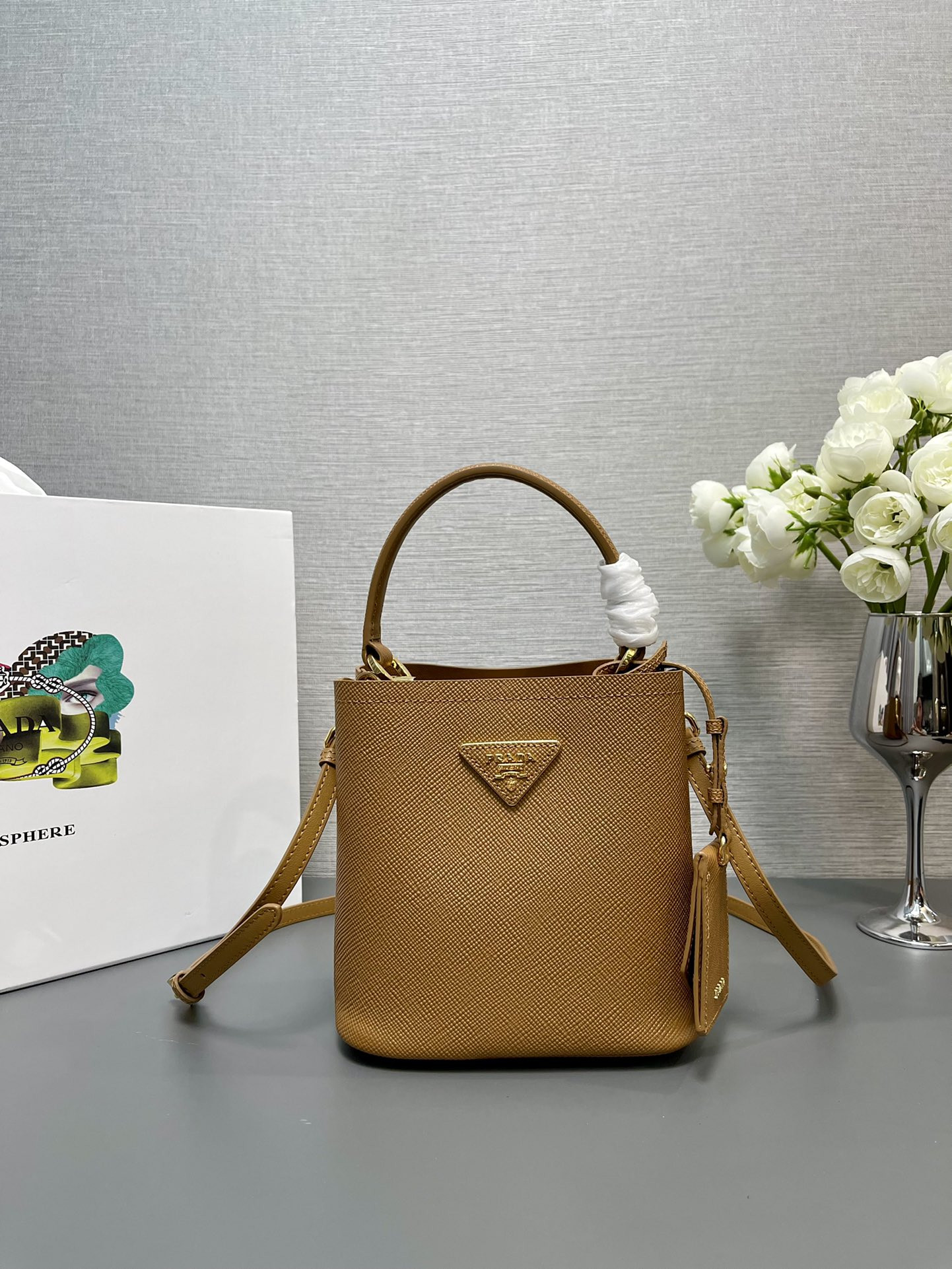 Pra*a Small Saffiano Leather Pra*a Panier Bag 18x17x10.5cm