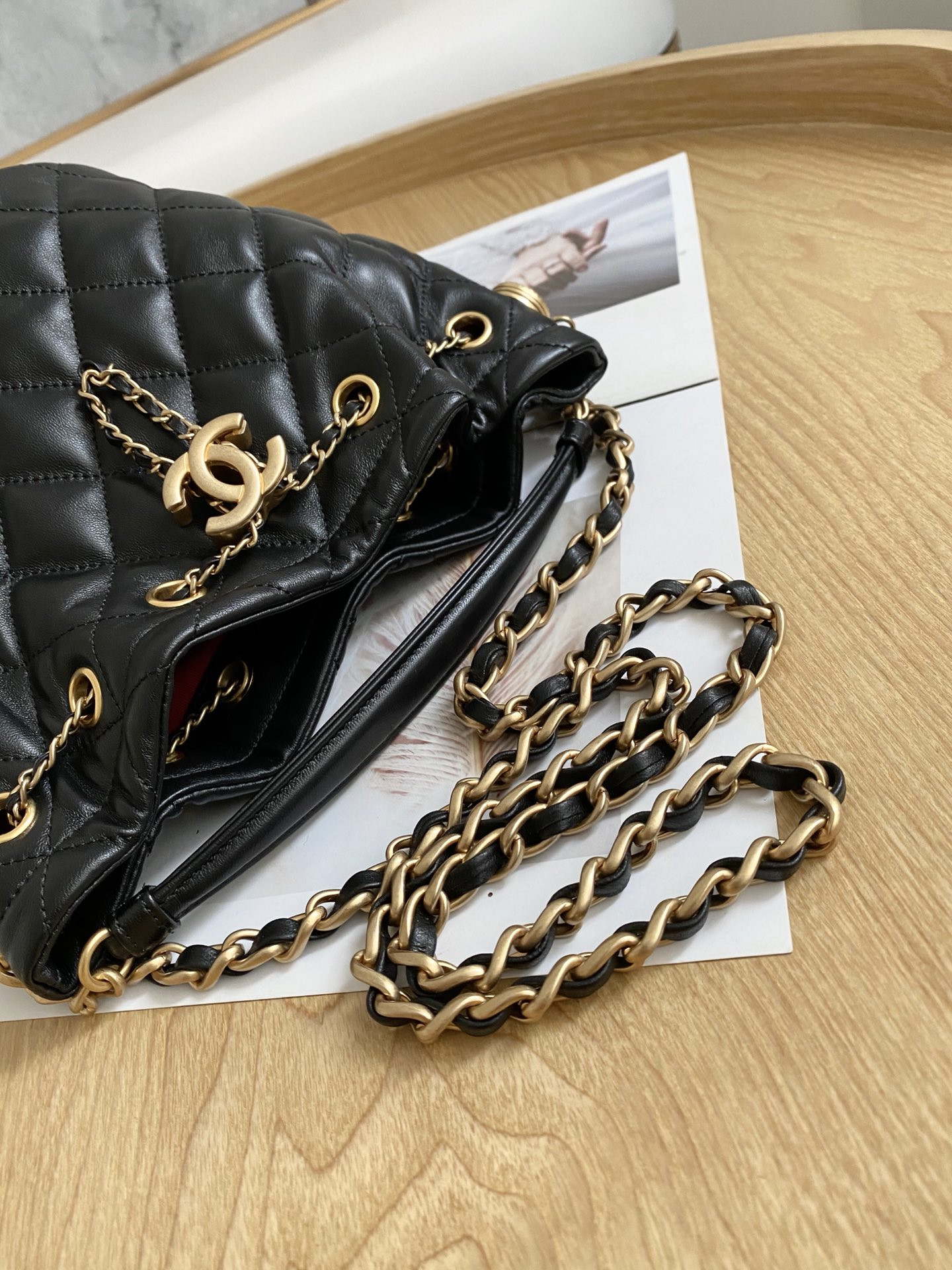 Ch**el Drawstring Button Bucket Bag 21x24x14cm